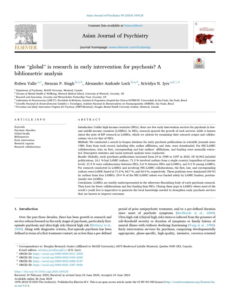 How “global” is research in early intervention for psychosis? A bibliometric analysis