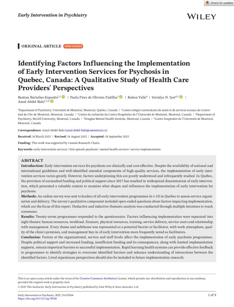 Identifying Factors Influencing the Implementation of Early Intervention Services for Psychosis in Quebec, Canada: A Qualitative Study of Health Care Providers’ Perspectives
