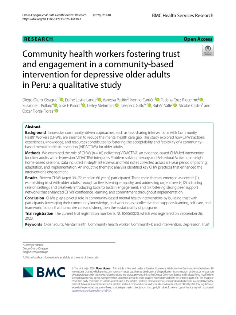 Community health workers fostering trust and engagement in a community-based intervention for depressive older adults in Peru: a qualitative study